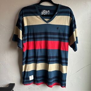 LRG Men’s Striped V-Neck Tee Skate Streetwear Y2K Casual Shirt Sz L